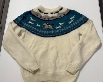 Woolrich Sweater Womens M Cream Good Vintage Wool Scenic Horse Fair Isle Yoke