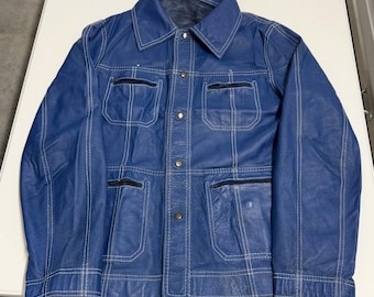 Vintage Leather Trucker Jacket reversible Mens M Blue Good 70s Contrast Stitch