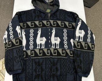 Tejidos Ruminahui Llama Wool Hoodie Mens XL Navy Blue Zip Up Ecuador Sweater