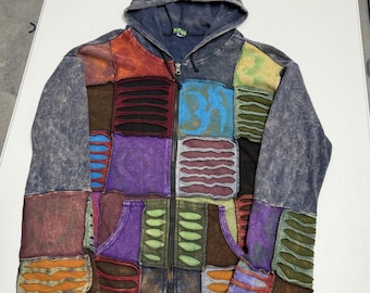 Patchwork Zip Up Hoodie womans XL Multi color hippie Razor Cut Acid Wash Boho