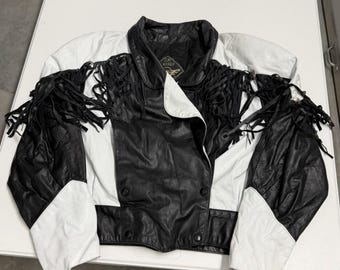 Vintage I.O.U Royale Leather Fringe Jacket Black White Colorblock Biker Womens