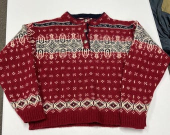 LL Bean Fair Isle Sweater Womens Medium Red Excellent Wool Henley Pullover
