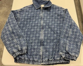 iets frans Denim All Over Logo Zip Up Bomber Jacket Blue Quilted Lined Size M