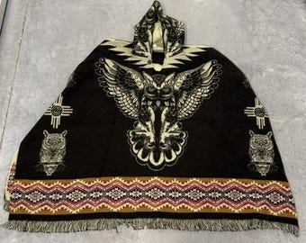 Unbranded Hooded Poncho Unisex OS Brown Excellent Eagle Graphic Fringe Aztec