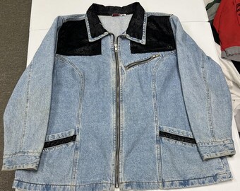 Zana Di Denim Jacket Womens XL Blue Good Studded Faux Snakeskin Vintage 90s Zip