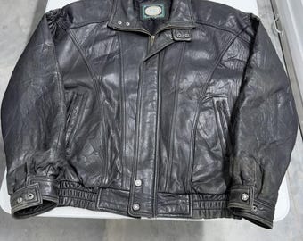 Vintage Black Leather Bomber Jacket Mens XLT Heavy Grain Distressed Moto Biker