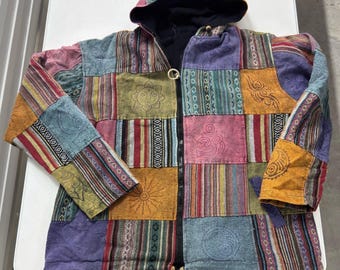 Unbranded Patchwork Hoodie Jacket Unisex XXL Multicolor Good Fleece Lined Boho