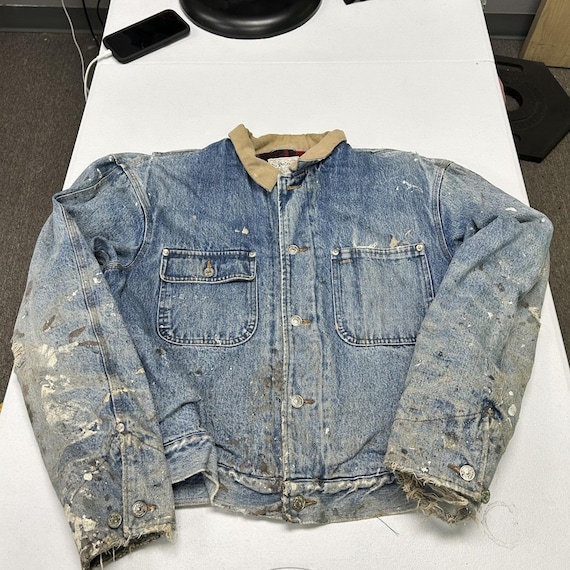 80s Polo Ralph Lauren Denim Barn Jacket Men Blue Distressed Plaid Lined Corduroy