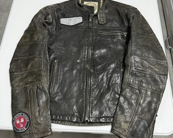 Leather Motorcycle Jacket Mens L Brown Distressed Cafe Racer honda patch