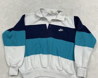 Nike Sweatshirt Mens Large White Blue Colorblock Vintage 90s Polo Pullover