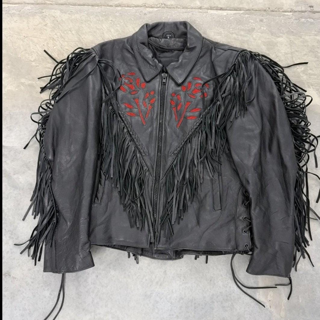 Vintage Black Leather Jacket Red Western Rose Embroidery Fringe