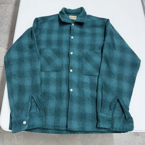 60s Amberley Shadow Plaid Shirt Mens M Teal Vintage Shadow Plaid Button Down USA
