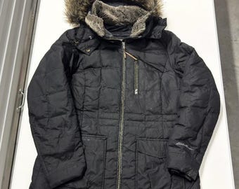 Eddie Bauer Womens Black Down Parka Faux Fur Hood Winter Puffer Coat Jacket