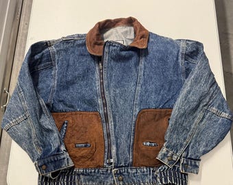 Essentials Denim Jacket Womens XL Blue Excellent Leather Trim Bomber Vintage