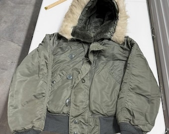 Vintage Military Style N-2B Flight Jacket Sage Green Faux Fur Hood Bomber Coat