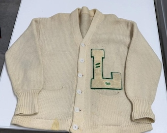 Vintage 50s/60s Letterman Cardigan Mens M Cream Fair Varsity Wool Patch Sweater