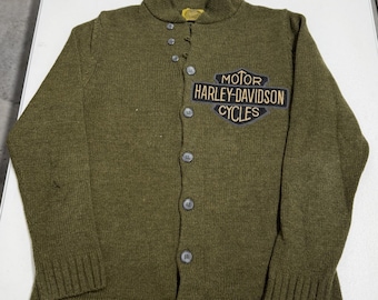 Harley-Davidson Cardigan Sweater Mens M Olive Green Fair Vintage Knit Patch