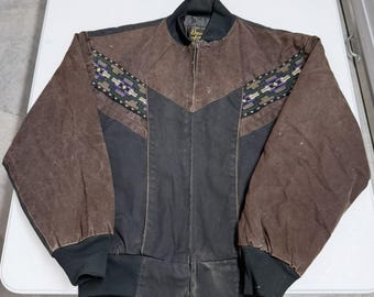 Vintage David James Western Bomber Jacket Brown Black Southwestern Tapestry M