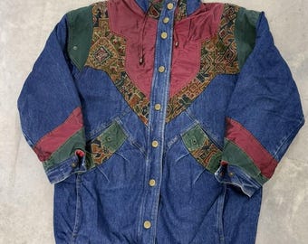 Vintage Denim Parka Jacket mens Large Blue Excellent Southwestern Tapestry