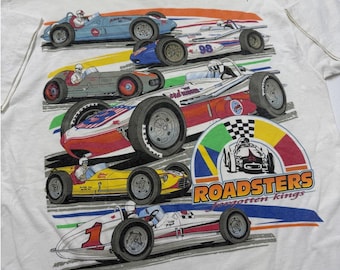 Vintage Roadsters Racing Cars T Shirt Graphic Tee White Adult Size Large
