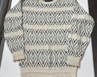 John Weitz Vintage Geometric Diamond Knit Sweater Mens Large Cream Navy Green
