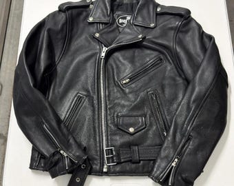 River Road Mens Black Leather Motorcycle Jacket Biker Moto Belted Size 42