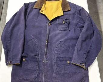Vintage reversable Canvas Barn Coat Corduroy Collar Chore Jacket Yellow Lining