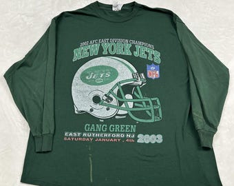 Jerzees T-Shirt Mens 2XL Green NY Jets 2002 AFC East Champs Roster Long Sleeve
