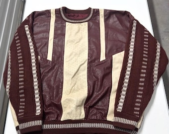 Vintage Leather Panel Crewneck Sweater textured coogi sweater style on back
