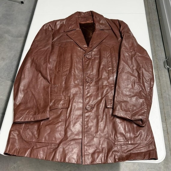 Vintage Brown Leather Car Coat Faux Fur Lined Button Front Jacket