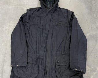 Barbour Durham Waxed Cotton Jacket Navy Blue Hooded Utility Coat Mens XL
