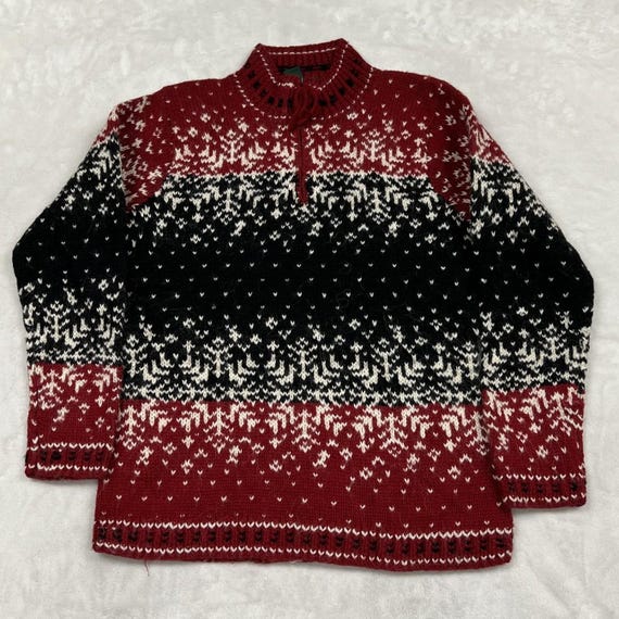Lauren Ralph Lauren, Lauren Ralph Lauren Sweater Womens SP Red Black Fair Isle Hand Knit Zip Mock