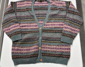 Eddie Bauer Cardigan Sweater Mens M Blue Pink Excellent Vintage Wool Fair Isle