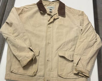 LL Bean Field Jacket Mens L Tan Excellent Canvas Corduroy Collar Barn Coat