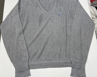 80s Lacoste V-Neck Sweater Mens M Gray Fair Vintage Blue Croc Logo Pullover
