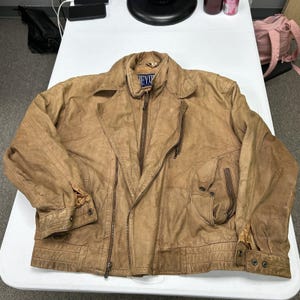 Beyond Leather Bomber Jacket Mens Size M Tan Vintage Distressed Multi-Zip Moto