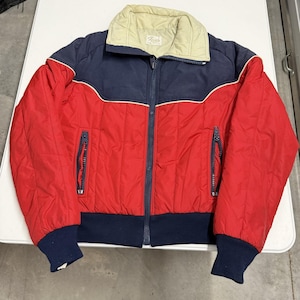 Roffe Ski Jacket Mens Large Red Navy Fair Vintage Made in USA Colorblock Puffer