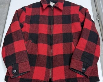Vintage Saftbak Red Black Buffalo Plaid Wool Zip Up Jacket Quilted Lined Coat