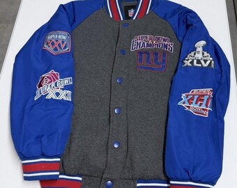 NFL Varsity Bomber Jacket Mens Medium Blue Grey Good 4X Super Bowl Champions NY