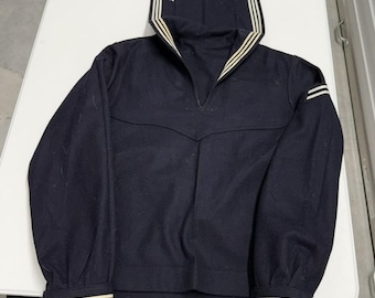 Vintage US Navy Style Wool Sailor Jumper Navy Blue Flap Collar Stars Mens Small