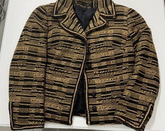 Dellbury England Textured Blazer Womens Gold Black Excellent Braided Trim Jacket