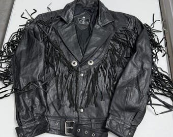 Hnos Solorzano Black Leather Fringe Motorcycle Jacket Belted Western Biker 42
