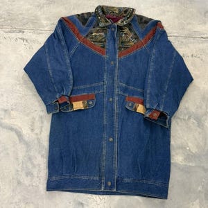 Vintage Western Denim Duster Coat Tapestry Yoke Blue Longline Snap Jacket L