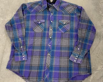 Vintage Wrangler Mens Western Flannel Shirt Purple Blue Plaid Pearl Snap 20 x 36