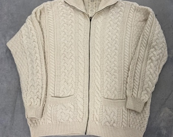 Carraig Donn Zip Cardigan Mens XXL Cream Excellent Aran Wool Cable Knit Ireland