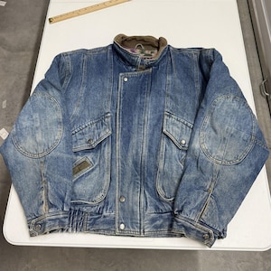 Mirage Denim Bomber Jacket Mens M Blue Excellent Aztec Lined Elbow Patch Cargo