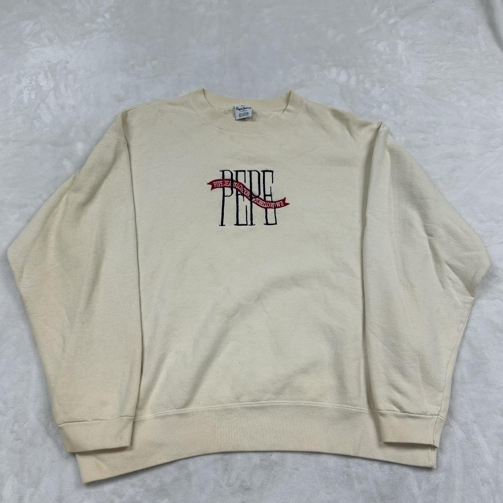 Pepe Jeans, Pepe Jeans Sweatshirt Mens M/L Cream Embroidered Logo Made in USA Vintage 90s