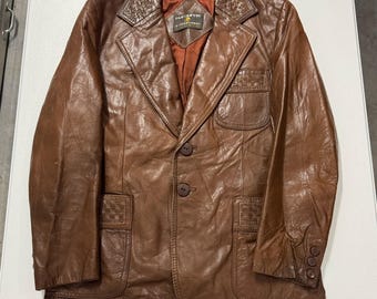Eastastic Leather Blazer Mens Brown Excellent Vintage Woven Detail Jacket