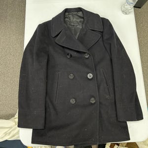 US Navy Pea Coat Mens 38 Navy Blue Wool Double Breasted Anchor Button Vintage