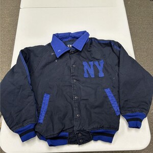 newyork Varsity Jacket Mens S Navy Blue NY Patch Snap Front Ribbed Trim Bomber